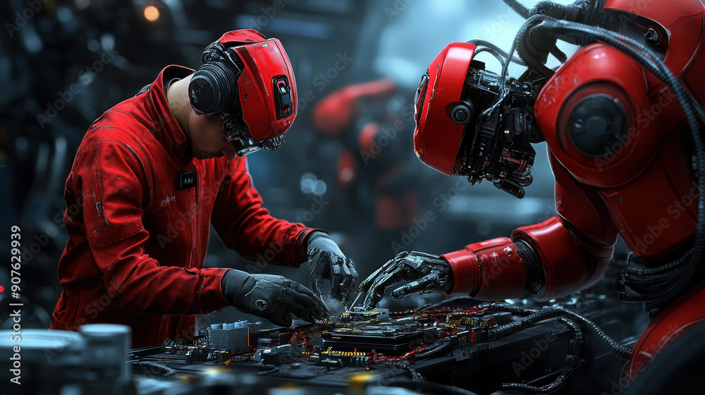 Poster two robots are working on a machine in a factory. the robots are red and have a metallic appearance.