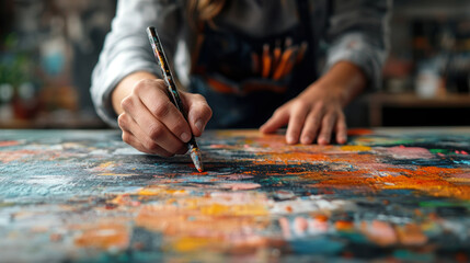 A woman is painting a picture with a brush and a marker. The painting is colorful and has a lot of different shades of orange and blue