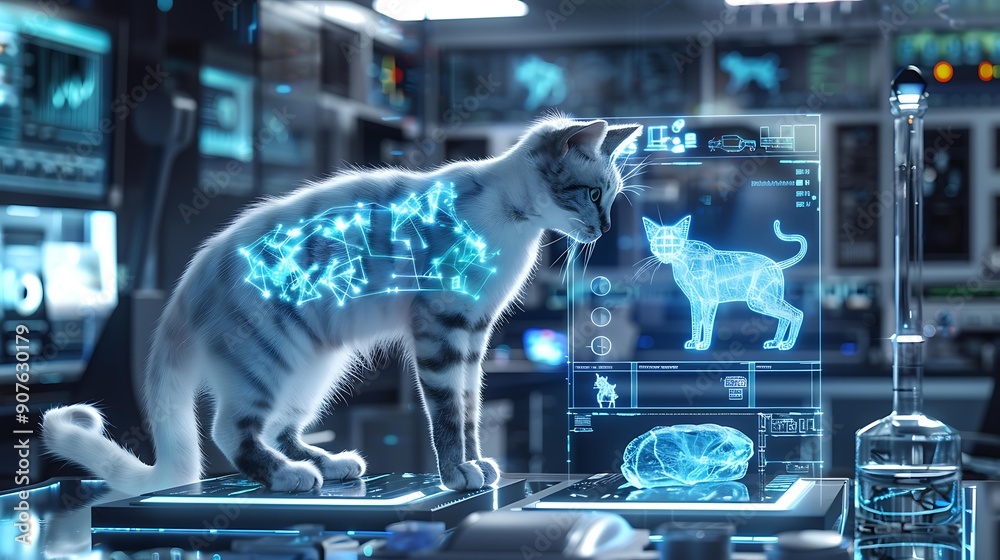 Poster an advanced ai-powered cat with sleek, chrome-like features interacting with a futuristic holographi