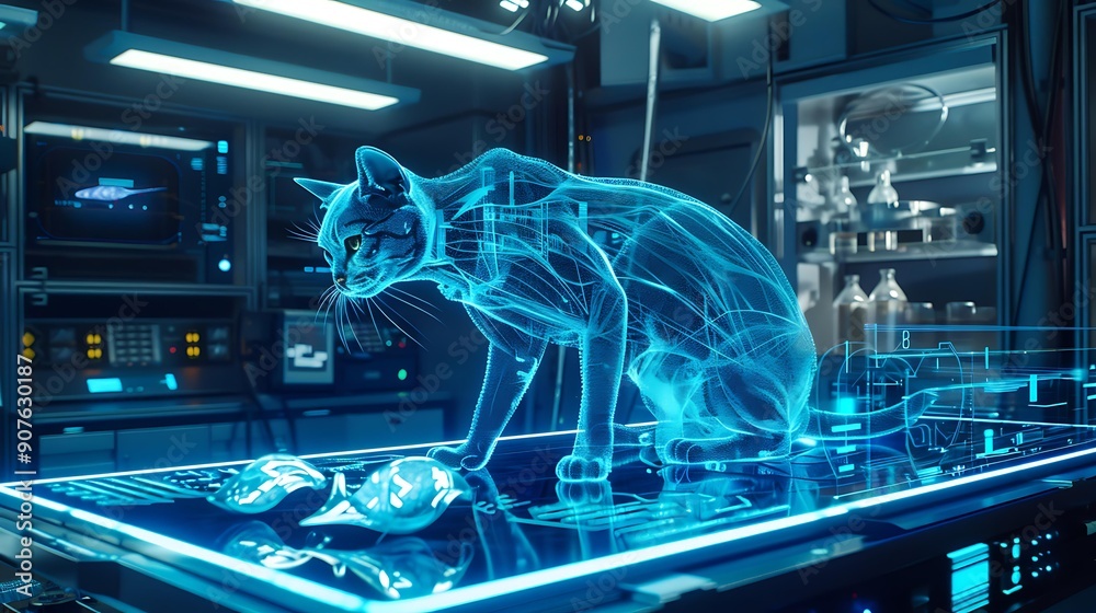 Poster an advanced ai-powered cat with sleek, chrome-like features interacting with a futuristic holographi