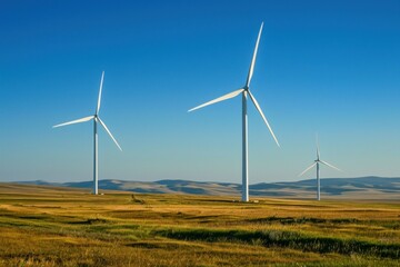 Wind turbines standing tall in a vast open field against a clear blue sky, showcasing renewable energy and natural beauty