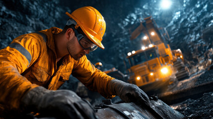A man in a yellow shirt is working on a piece of equipment. The scene is dark and gloomy, with the man's face obscured by shadows. Scene is somber and serious, as the man is focused on his task