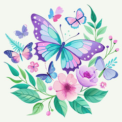 Arrangement of watercolor butterflies art vector illustration