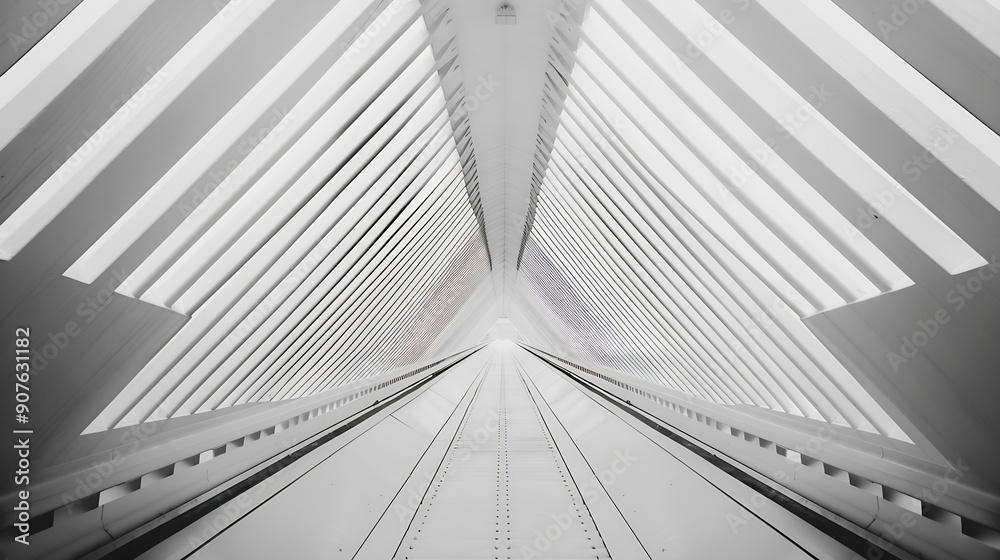 Aufkleber Pitched roof of a bridge Abstract architecture Minimalism Hitech architectural detail Modern industrial building Material background Triangular structure Geometric pattern of parallel  : Generative AI