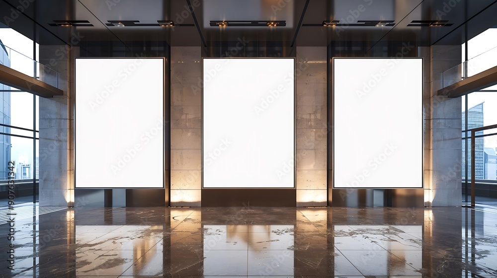 Poster Triple Vertical digital Poster Mockup background in Sleek Modern Interior Blank white showcase screen on a wall inside an urban building Empty  advertisement display media panels for p : Generative AI