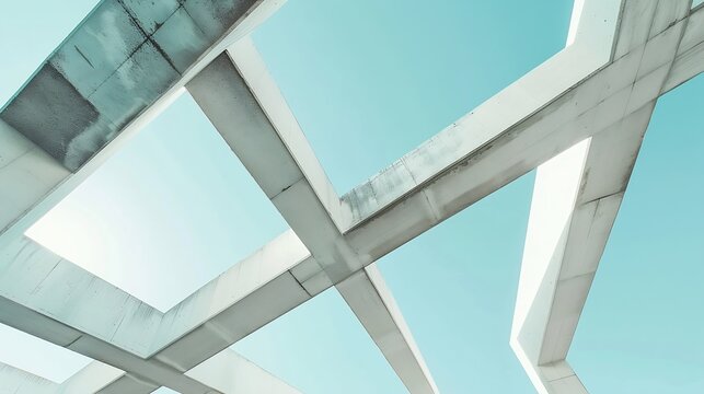 abstract concrete architecture detail Geometric fragment of a modern structure building white beams against a light blue sky minimal design contemporay and minimalist photography angul : Generative AI