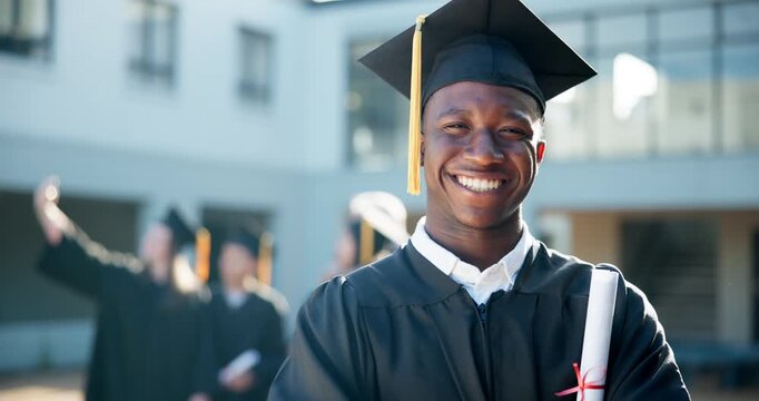 Happy black man, student and graduation with certificate at university for education, learning or qualification at campus. Portrait of young African, male person or graduate with smile for degree