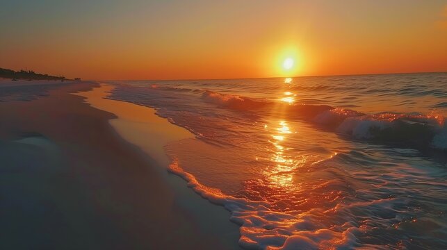 Colorful vibrant orange sunset seascape in Gulf of Mexico in Seaside Santa Rosa Beach Florida panhandle and reflection of sun path on horizon : Generative AI