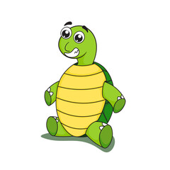 Cute green turtle character is sitting while smiling broadly