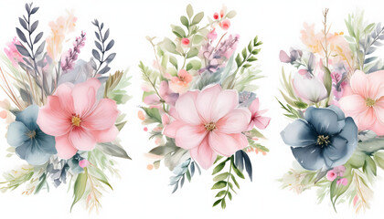 set of watercolor pastel flower decoration on wedding table with flowers 