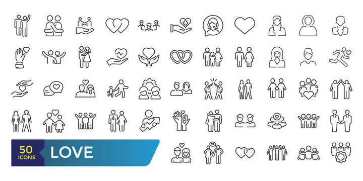 Love icon set. Friendship, care and relationship concept outline icons set. Collection and pack of linear web and ui icons. Editable stroke. Vector illustration.