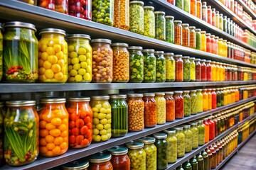 Obraz premium Overflowing grocery store shelves display an abundance of canned vegetables, revealing a rapid replenishment of inventory after widespread shortages amidst a global health crisis.