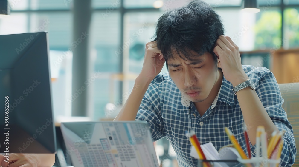 Poster frustrated asian young businessman worker working on table in office busy employee worker people fee