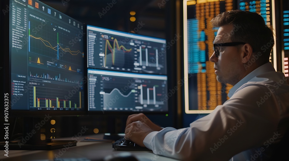 Aufkleber An analyst uses a computer and dashboard for data business analysis and Data Management System with KPI and metrics connected to the database for technology finance operations sales ma : Generative AI