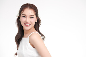 Beautiful young asian woman with clean fresh skin on white background, Face care, Facial treatment, Cosmetology, beauty and spa, Asian women portrait.