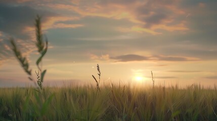Naklejka premium Sunset on the field with young rye or wheat in the summer with a cloudy sky background Landscape : Generative AI