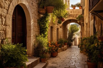 Fototapeta premium Historic mediterranean city architecture outdoors cobblestone.