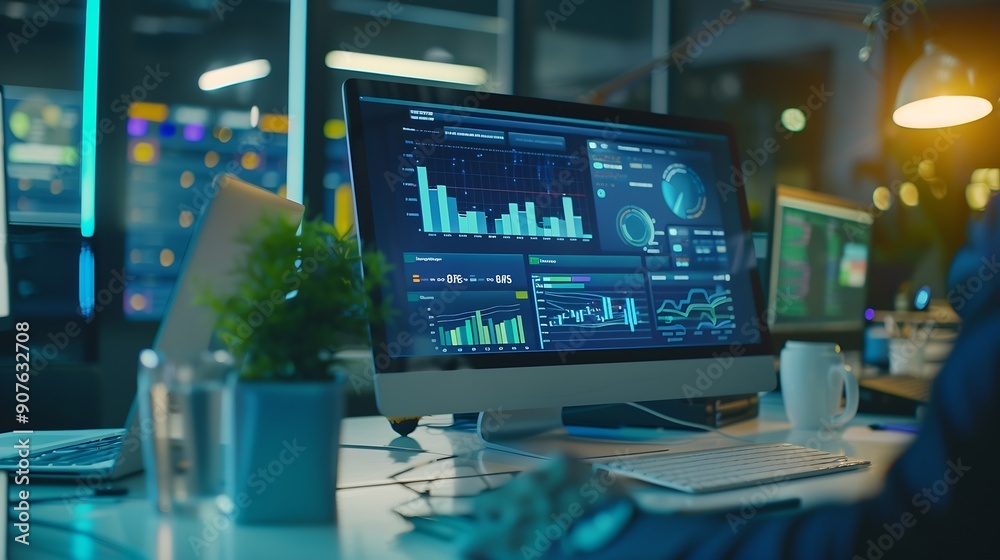 Poster Busy analyst team in office analyzing financial data analysis for marketing strategy in workspace using BI dashboard with graph and chart on laptop screen to improve business performan : Generative AI