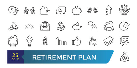 Retirement plan line icons set. Pension payment, money deposit, investment fund balance sheet inheritance. Collection and pack of linear web and ui icons. Editable stroke. Vector illustration.