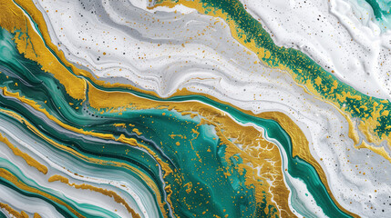 Elegant green and gold marble ink texture background with swirling patterns