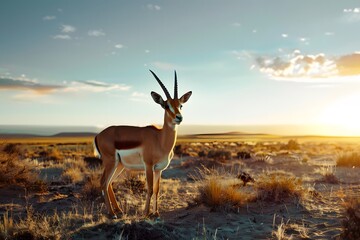 Fototapeta premium A graceful gazelle stands in a sunlit desert landscape at dusk.