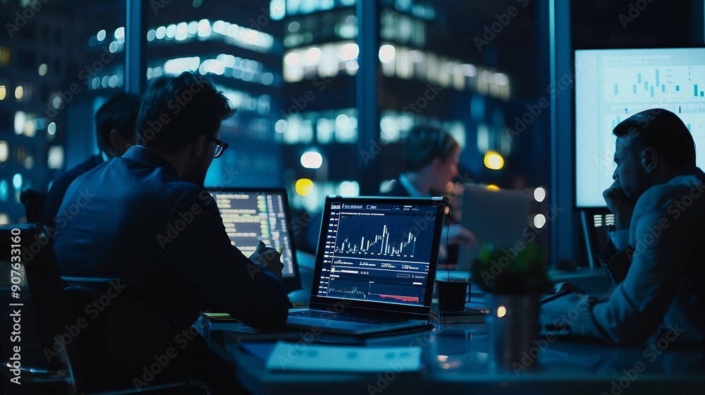 Aufkleber meeting laptop and team of business people in office at night with stock market charts for investmen