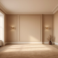 Beige Room Interior with Wall Molding and Gold Wall Sconces