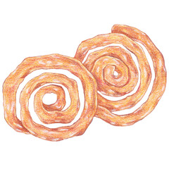 jalebi from india, saffron funnel cake, fried food painting with colored pencils