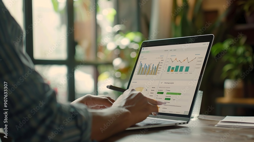 Poster Businessman works on laptop Showing 2024 business trends dashboard with charts metrics  AI Ecommerce KPI analytical businessperson planning business growth 2024 New Year Future busines : Generative AI