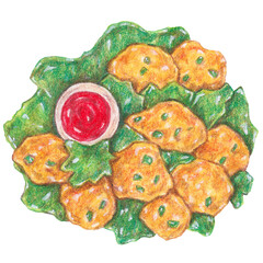 pokora with spice sauce from india, fried food painting with colored pencils