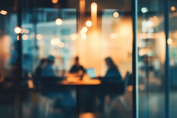 Business team meeting in an office, blurry background with people sitting around a table and working on laptops. Glass walls create soft lighting effects, highlighting professional collaboration