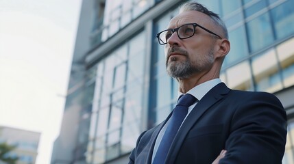 Fototapeta premium Mature male executive looking confident in a business suit standing outside an office building with a determined expression : Generative AI