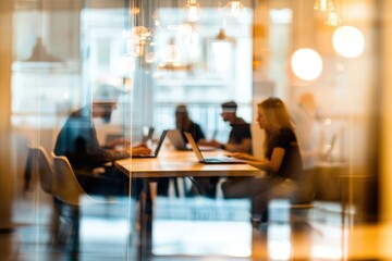 Business team meeting in an office, blurry background with people sitting around a table and working on laptops. Glass walls create soft lighting effects, highlighting professional collaboration