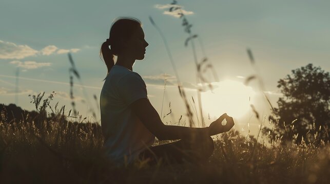 young woman silhouette prating meditation outdoors : Generative AI