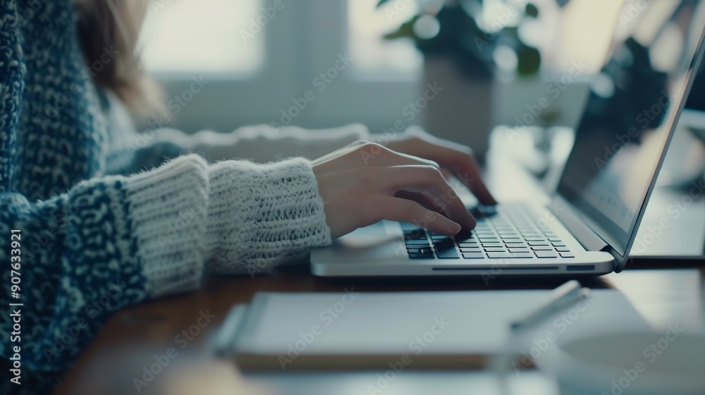 Leinwandbilder Woman typing and computer for working in office serious and keyboard for journalist research and writing Workplace employee and person with laptop planning and project for headline of  : Generative AI