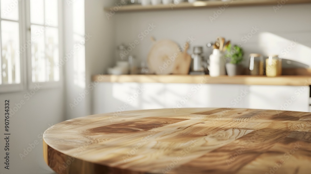 Poster empty beautiful round wood tabletop counter on interior in clean and bright kitchen background ready