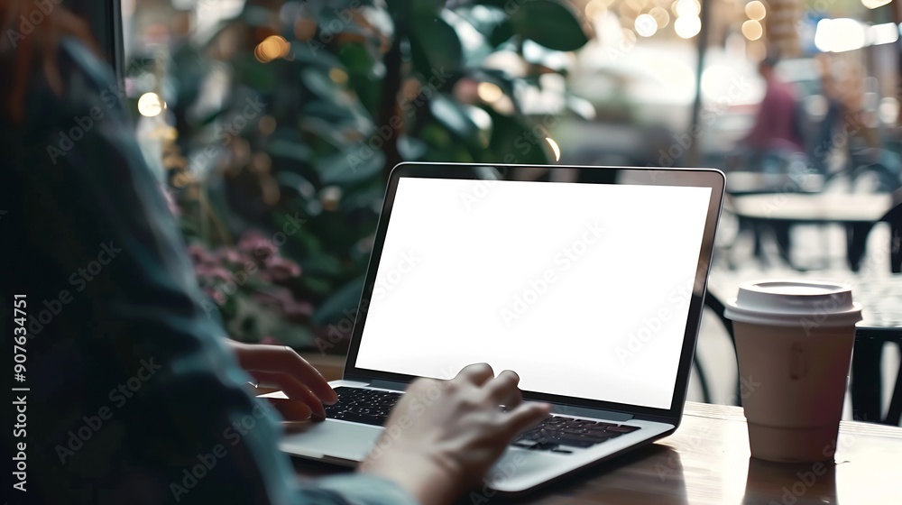 Fototapete Mockup image of a woman working on laptop computer with blank white desktop screen while drinking coffee in cafe : Generative AI