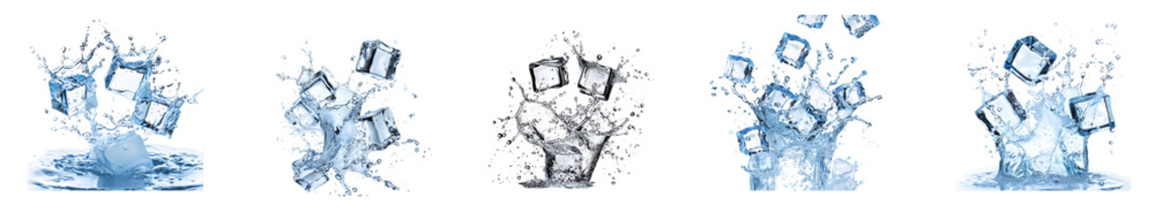 Ice cubes splashing into water isolated on a transparent background