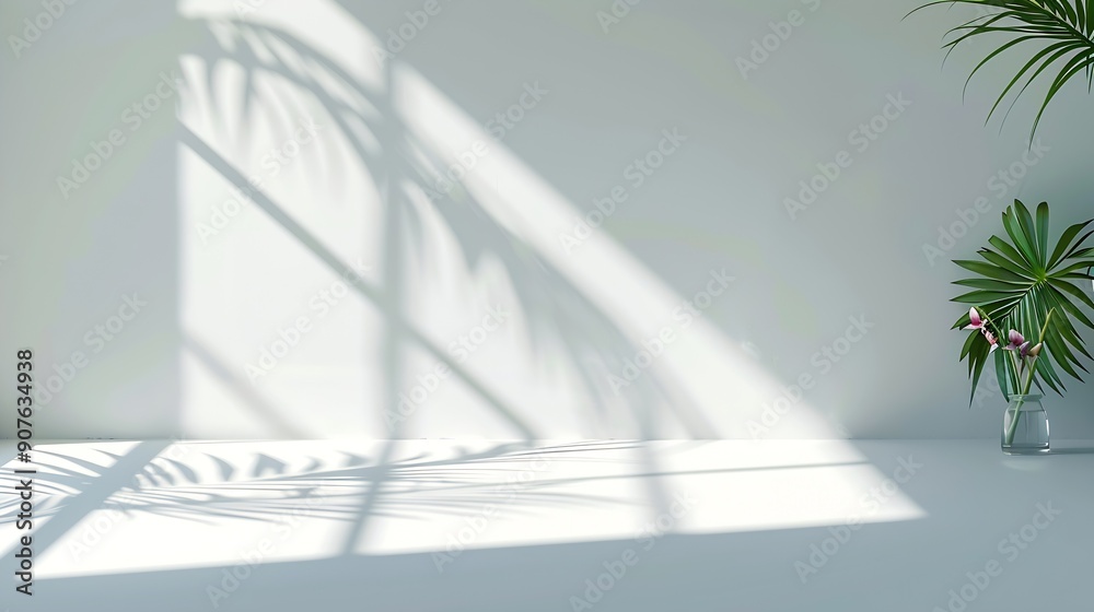 Poster Abstract white studio background for product presentation Empty room with shadows of window and flowers and palm leaves  3d room with copy space Summer concert Blurred backdrop : Generative AI