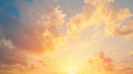 Fototapeta premium Sunset Sky Clouds in the Evening Summer with Orange Yellow sunlight in Golden hour or Morning Sunrise Horizon Summer sky nature Background : Generative AI