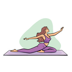 Yoga, woman in pigeon pose, stretching, cartoon