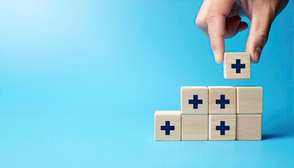 Value add concept. Hand place wooden cube with plus sign on light blue background. Positive thinking or personal growth and development. download style which means value added. value add for business.