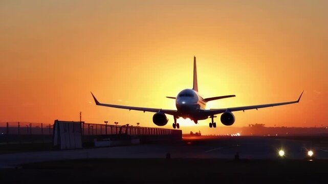 An airplane lands at sunset, silhouetted against the vibrant sky, capturing the essence of travel and aviation dynamics