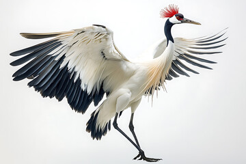 A graceful crane with distinctive white plumage, black wing tips, and a red crown on its head. The crane is depicted standing or in flight