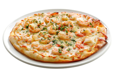 A delectable Shrimp Scampi pizza topped with succulent shrimp, garlic, and herbs, served on an elegant porcelain serving plate. The presentation highlights the gourmet flavors and fresh ingredients of