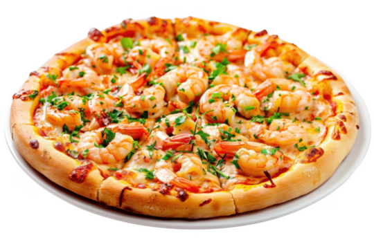 A delectable Shrimp Scampi pizza topped with succulent shrimp, garlic, and herbs, served on an elegant porcelain serving plate. The presentation highlights the gourmet flavors and fresh ingredients of