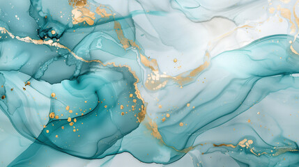 Fototapeta premium Elegant marble ink texture background with turquoise and gold accents