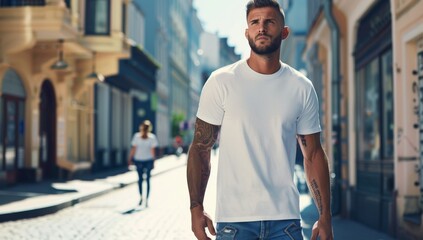 Fototapeta premium Confident Man in White T-Shirt Walking Down a Sunny Urban Street with Tattoo Sleeves