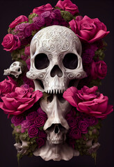 Portrait of a human skull decorated with roses