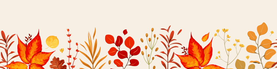 A horizontal banner with autumn leaves. Seamless pattern. The frame is made of autumn leaves. Thanksgiving and harvest day.